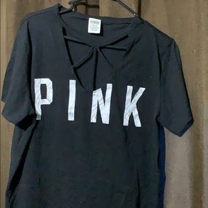 PINK crisscrossed V-neck shirt LG